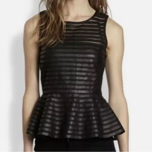 Parker Black Size XS Black Ruffle Leather Stripes Top | Women Leather Ruffle Top